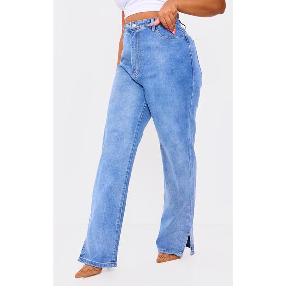 NWT PrettyLittleThing Split Hem Jeans Womens 16 Medium Wash High Rise Straight - Picture 1 of 7